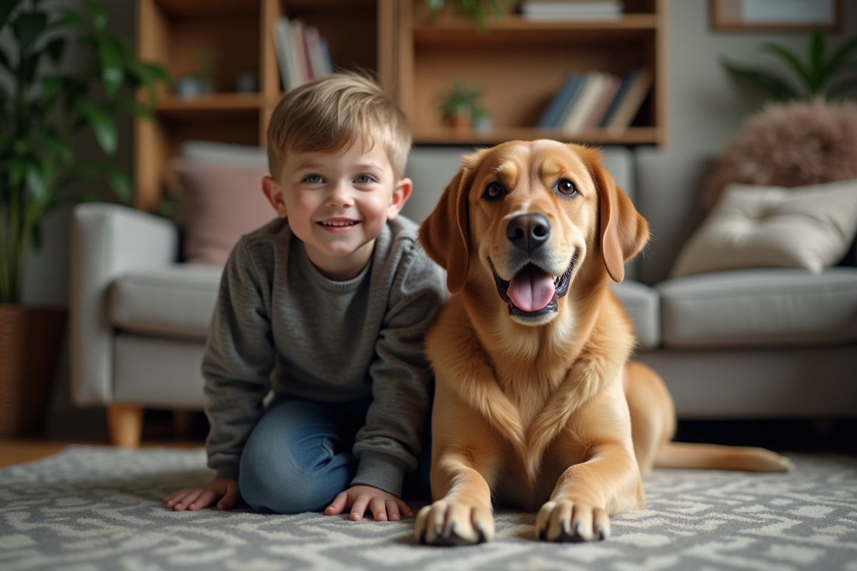 Jeune garçon avec un labrador dans un salon chaleureux