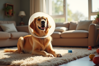 Golden retriever avec un cône de protection dans le salon