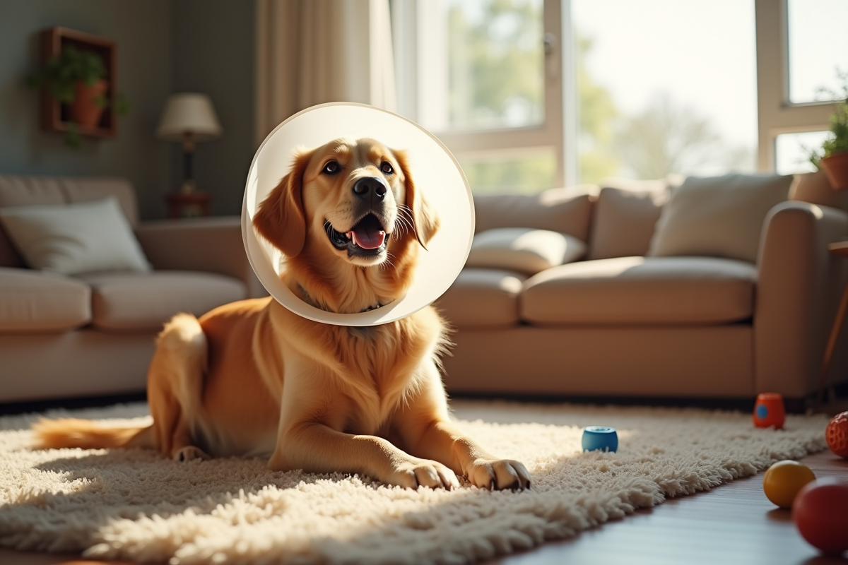 Golden retriever avec un cône de protection dans le salon
