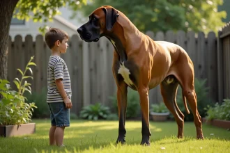 Un grand Dogue Allemand debout à côté d'un jeune garçon dans un jardin familial, illustrant la taille impressionnante de la race