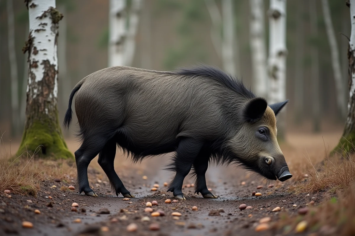 Grand sanglier de profil dans une clairière boisée illustrant la différence entre taille et poids