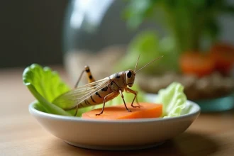Gros plan d'un grillon vivant mangeant une carotte fraîche et une feuille de salade dans une gamelle en céramique