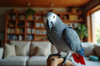 Gris du Gabon bleu perché sur une branche en bois dans un salon domestique, montrant le détail de son plumage gris et de sa queue bleue caractéristique
