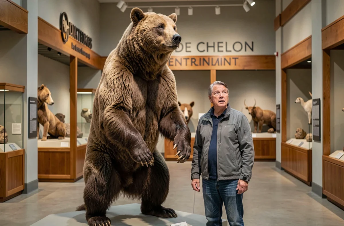 Visiteur de musée debout à côté d'un grizzly naturalisé en position debout pour illustrer l'écart de taille