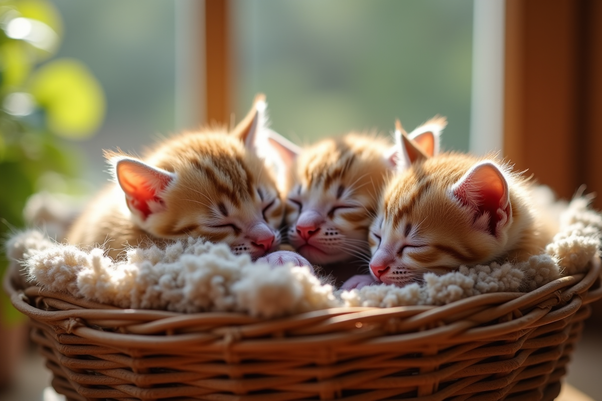 Chatons nouveau-nés dormant dans un panier en osier