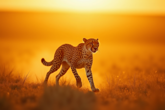 Guépard courant à l'aube dans la savane dorée