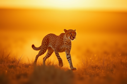 Guépard courant à l'aube dans la savane dorée