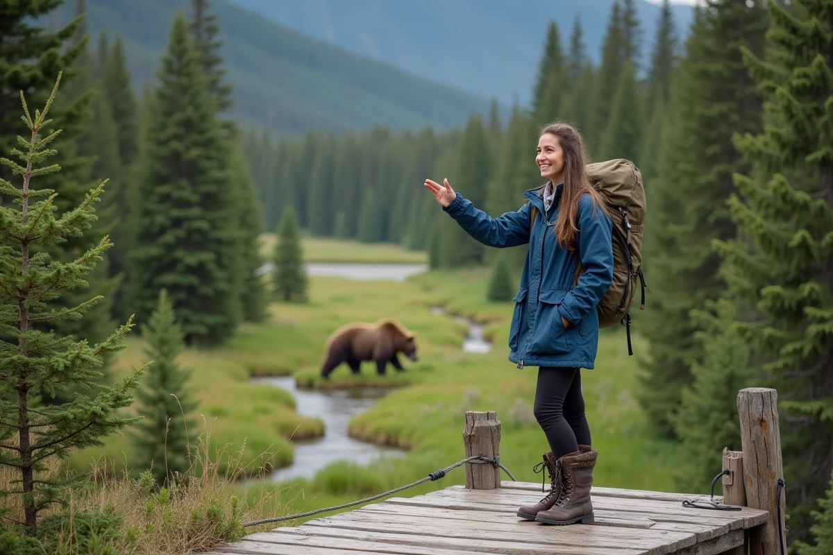 Jeune guide pointant un ours dans la forêt