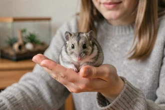 Hamster russe tenu dans la main d'une femme avant adoption, gros plan sur l'animal avec fourrure grise et rayure dorsale