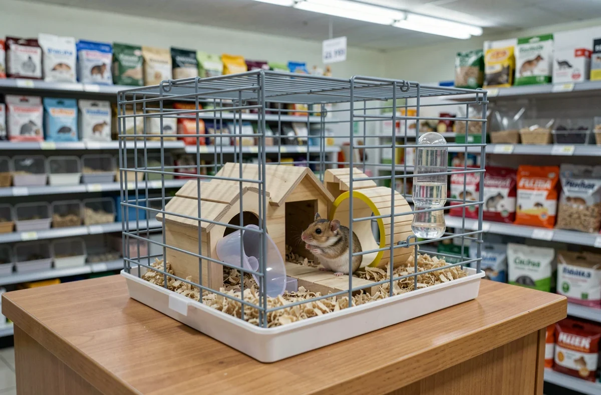 Hamster russe dans une cage équipée en animalerie avec accessoires et étiquette de prix visible, contexte d'adoption