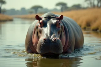 Hippopotame adulte partiellement immergé dans une rivière africaine, illustrant son poids massif et sa morphologie naturelle
