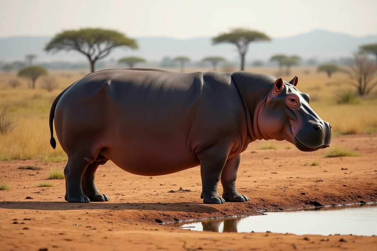 Hippopotame adulte de profil au bord d'un point d'eau africain, montrant sa morphologie massive et son poids impressionnant