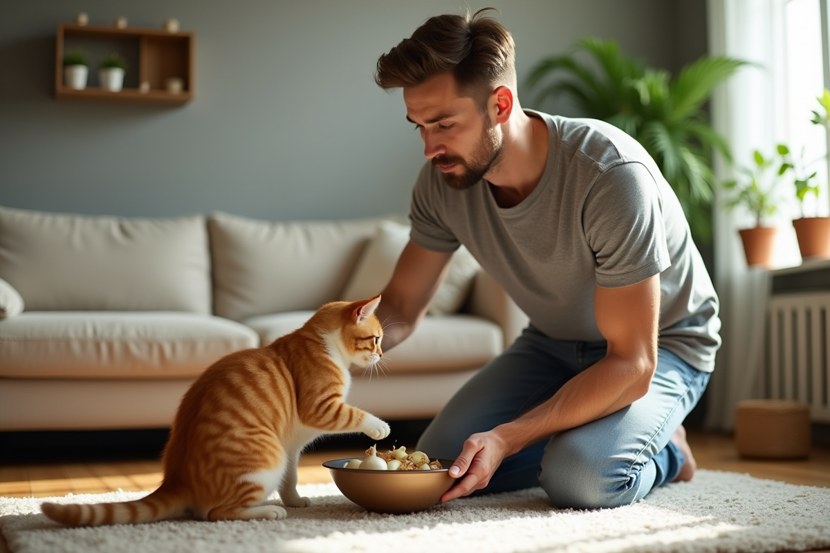 Jeune homme avec chat ginger dans le salon lumineux