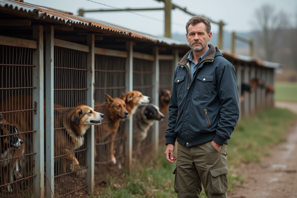 Homme près des cages d un refuge animalier rural