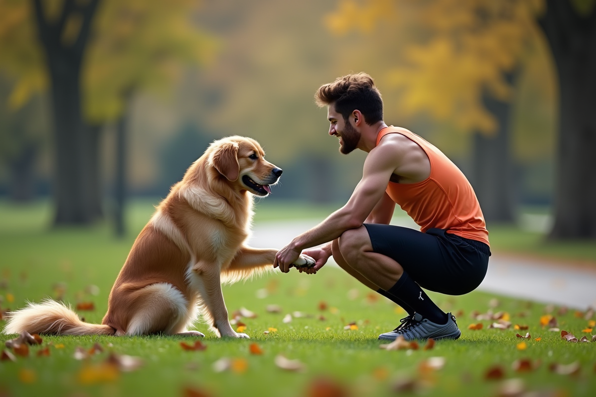 Jeune homme examinant la patte de son chien dans un parc