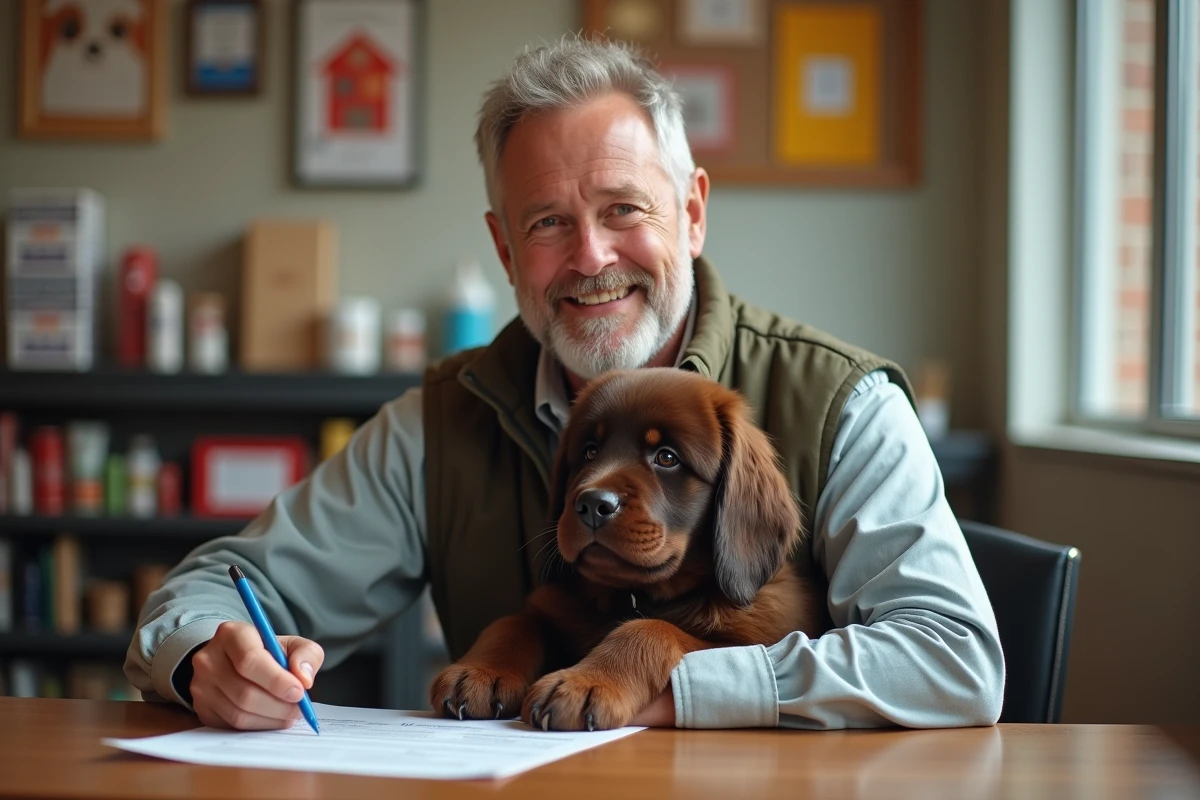Homme avec un chiot Newfoundland dans un centre d