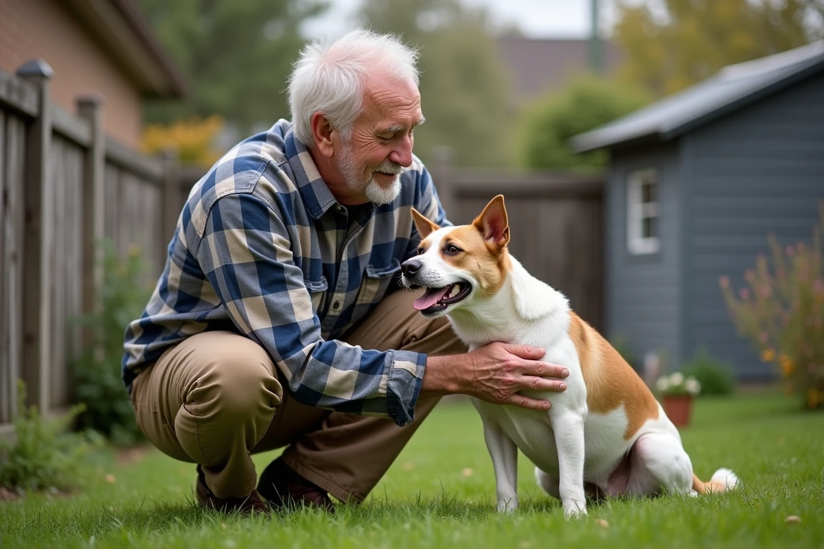 Homme âgé caressant un staffordshire dans son jardin
