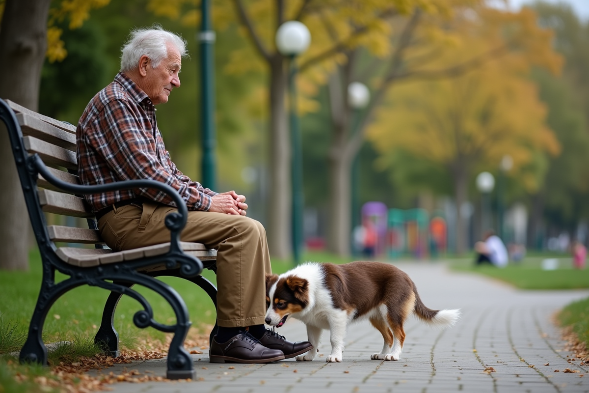 Homme âgé avec un chiot border collie dans un parc