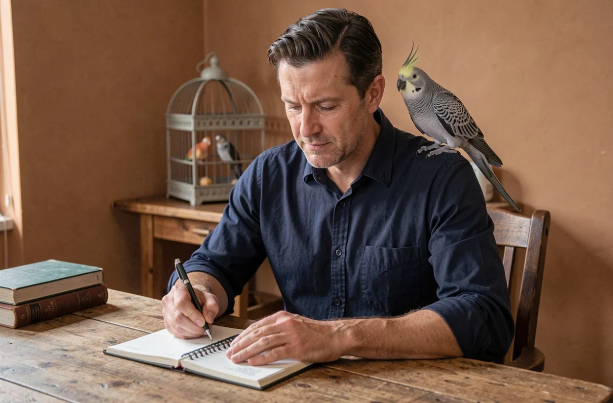 Homme avec une cockatiel sur l'épaule cherchant un prénom pour son oiseau