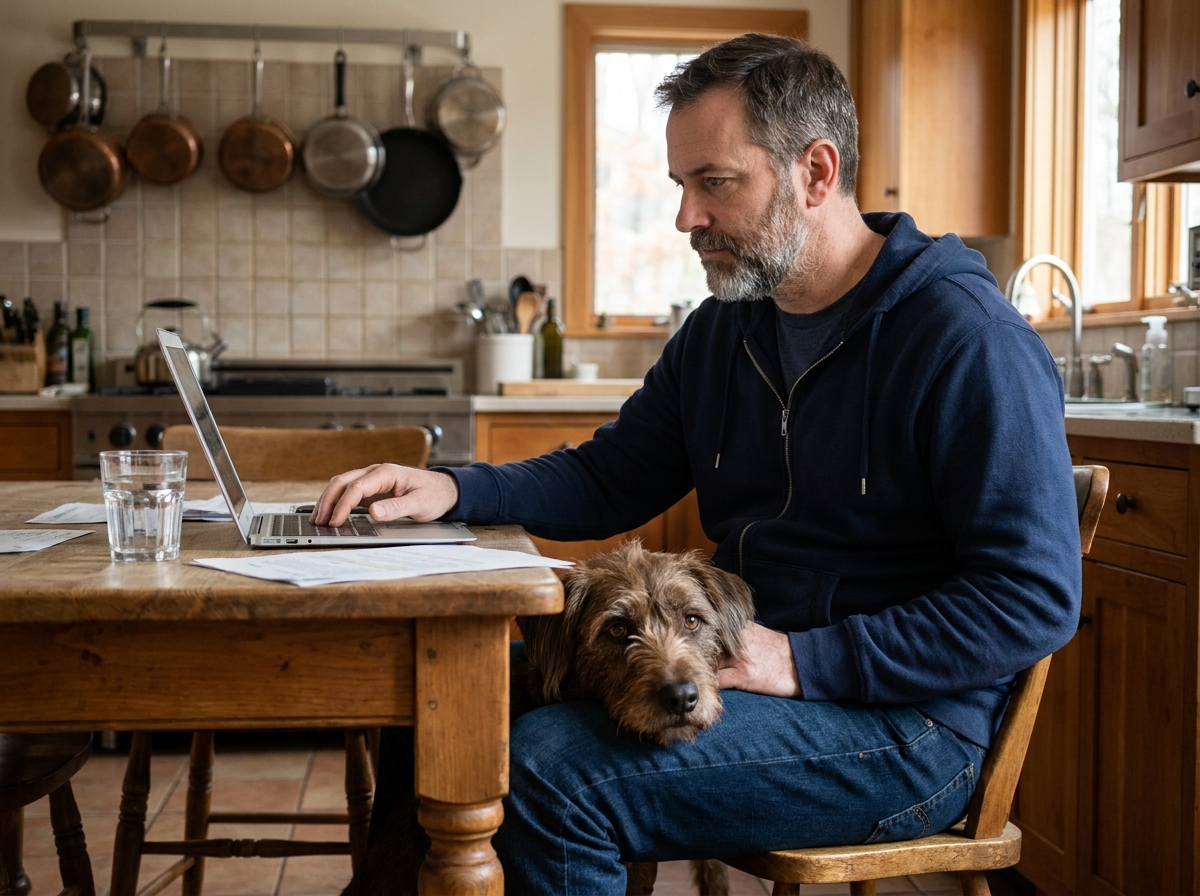 Homme comparant des offres d'assurance chien sur ordinateur portable dans une cuisine moderne avec son chien à ses pieds