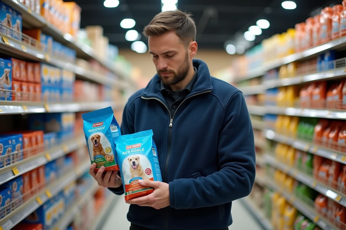 Homme comparant deux sacs de croquettes pour chien dans le rayon animalerie d'un supermarché