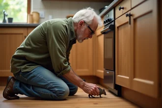 Homme curieux observe une petite souris dans la cuisine