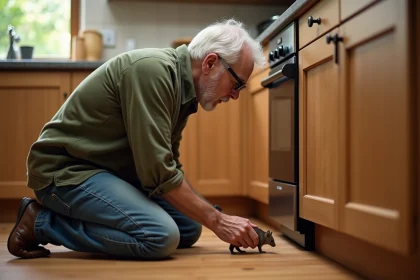 Homme curieux observe une petite souris dans la cuisine
