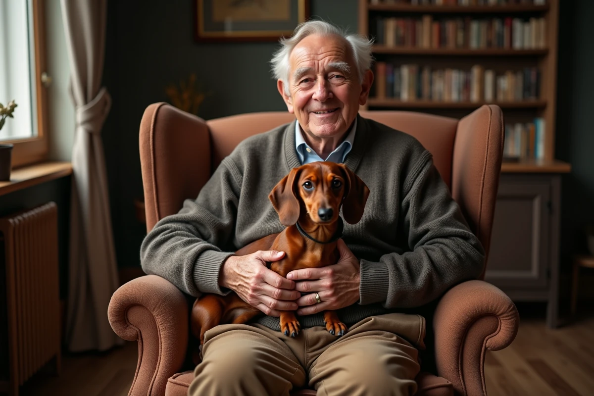 Homme âgé avec un teckel dans un intérieur chaleureux