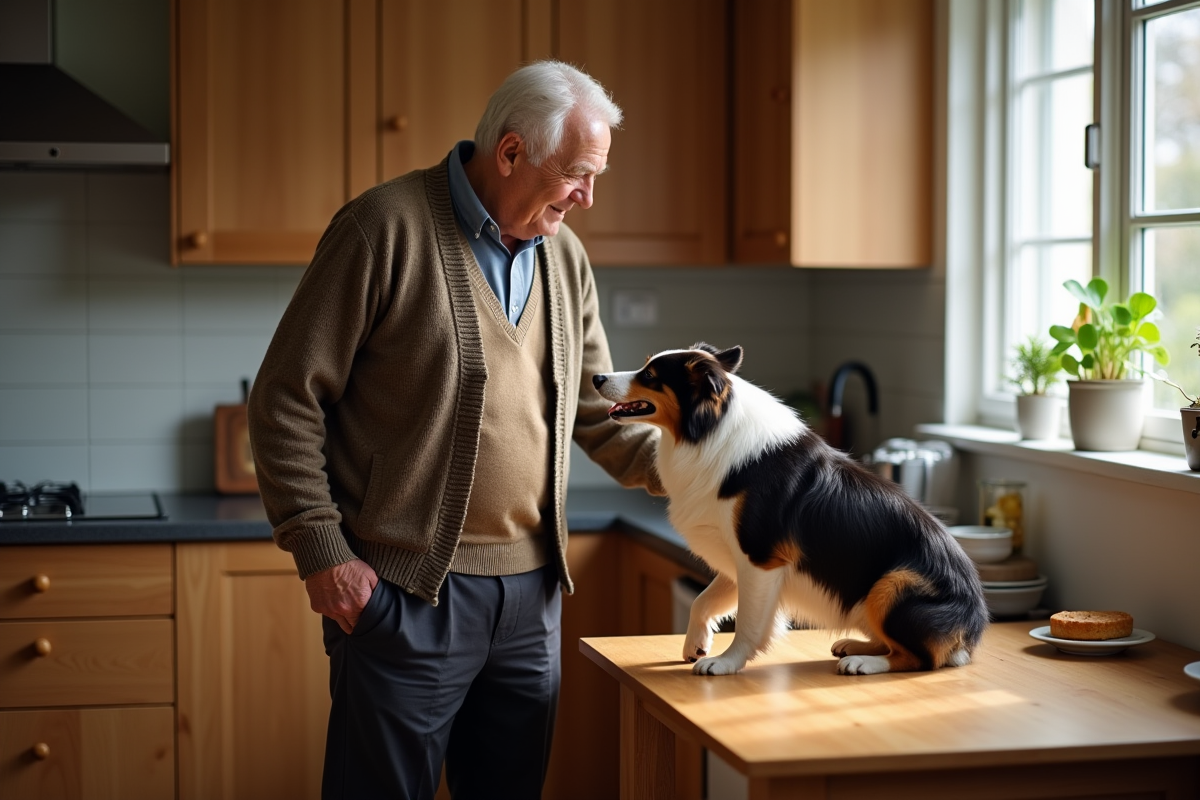 Homme âgé appelant son chien Anis dans la cuisine chaleureuse