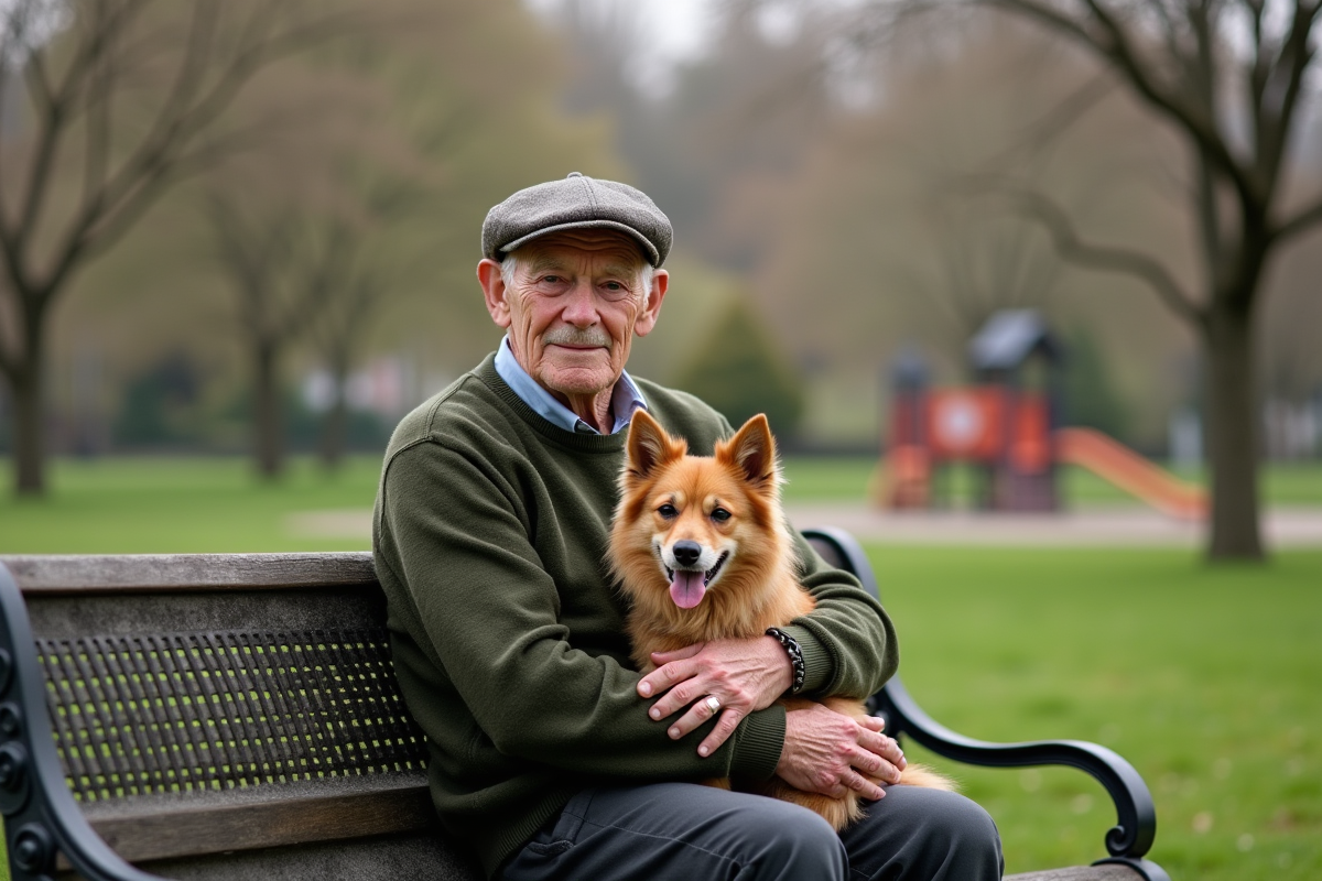 Homme âgé avec son chien dans un parc printanier