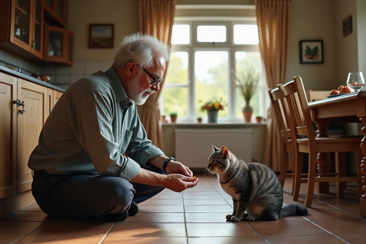 Homme âgé avec un chat gris dans une salle à manger rustique