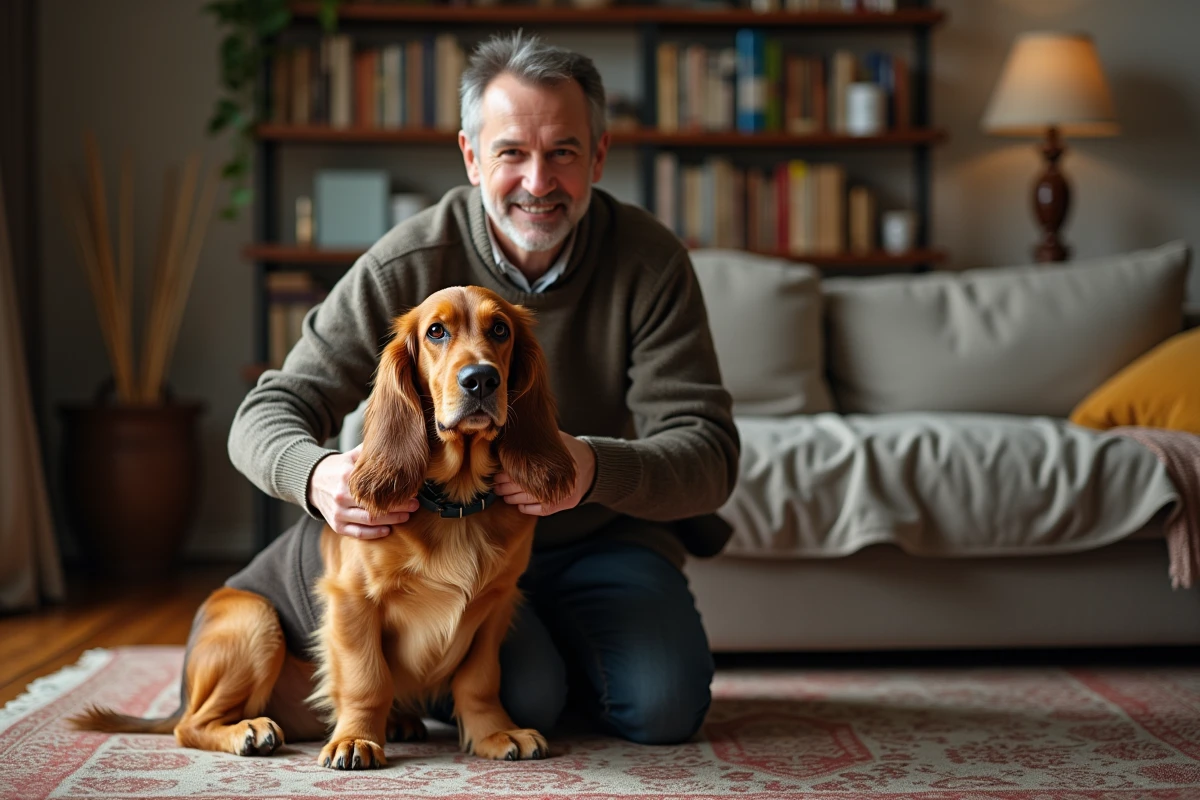 Homme assis avec un Basset Hound dans un salon chaleureux