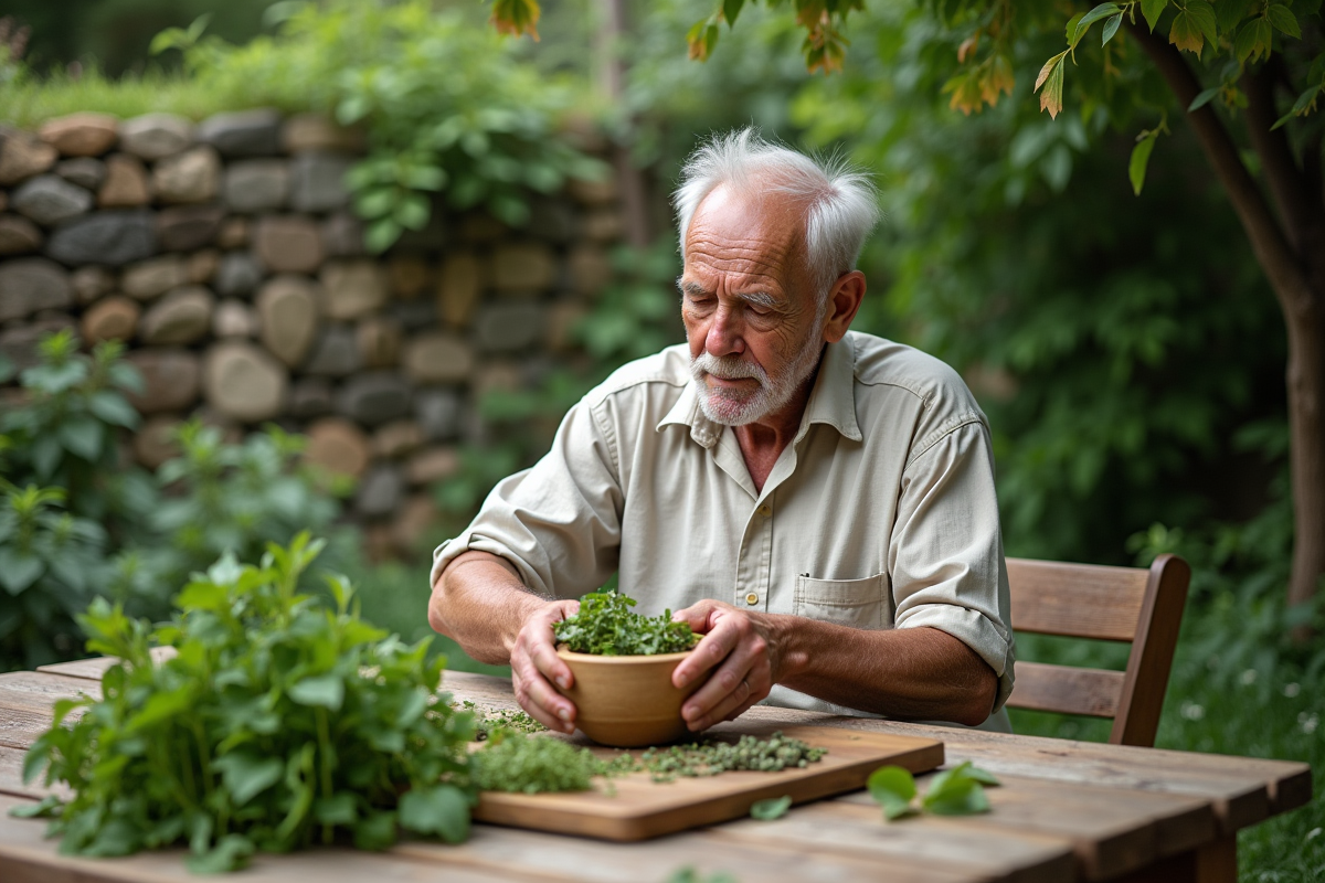 Homme âgé préparant des herbes médicinales dans un jardin