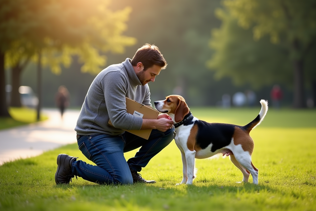 Homme attachant le collier de son chien dans un parc ensoleille