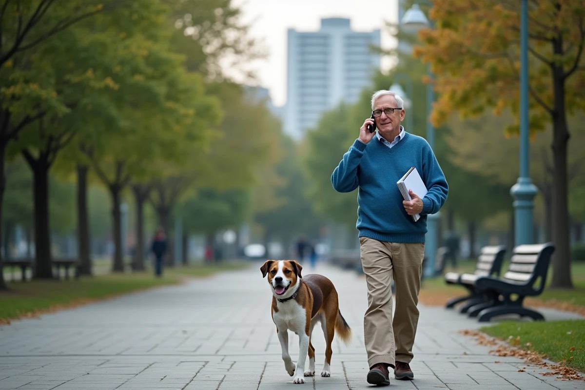 Homme avec son chien en promenade dans un parc urbain