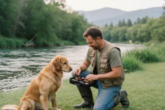 Homme en jeans et gilet de pêche avec son chien au bord de la rivière