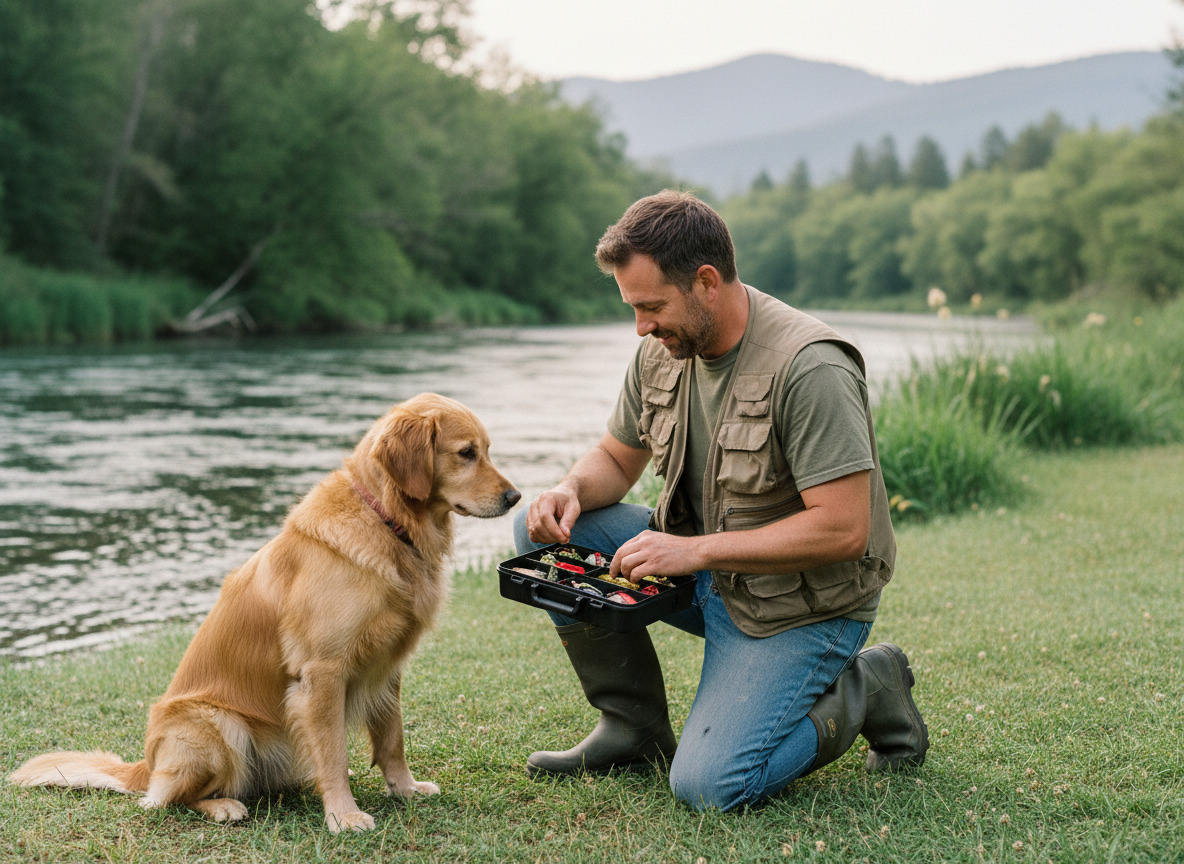 Homme en jeans et gilet de pêche avec son chien au bord de la rivière