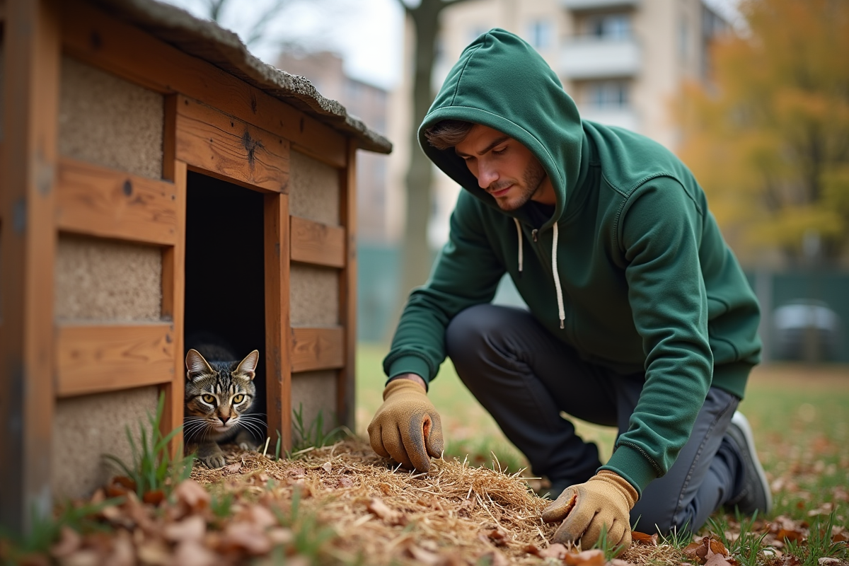 Homme mettant de la paille dans un abri pour chat urbain