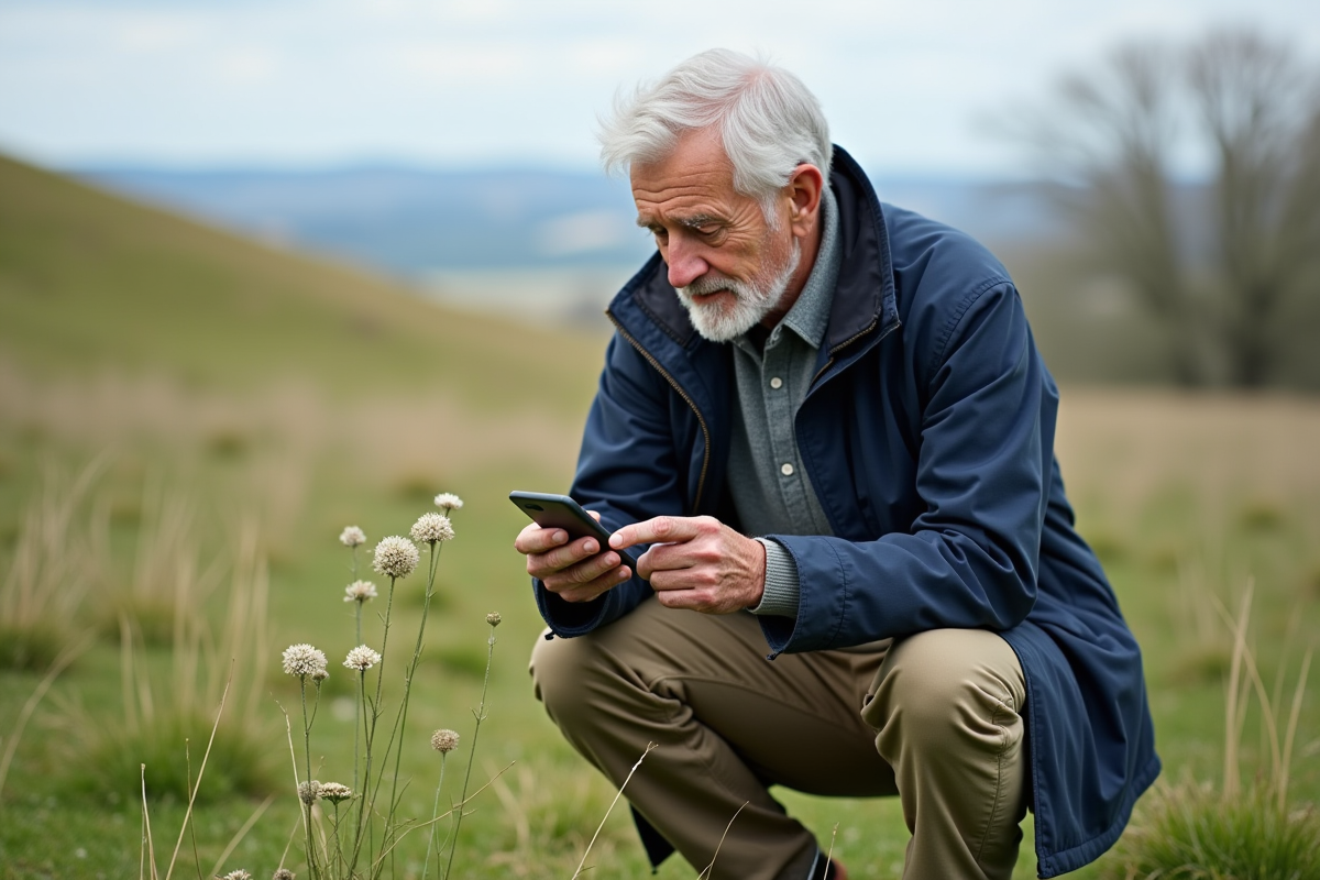 Homme âgé examinant une petite fleur dans un pré