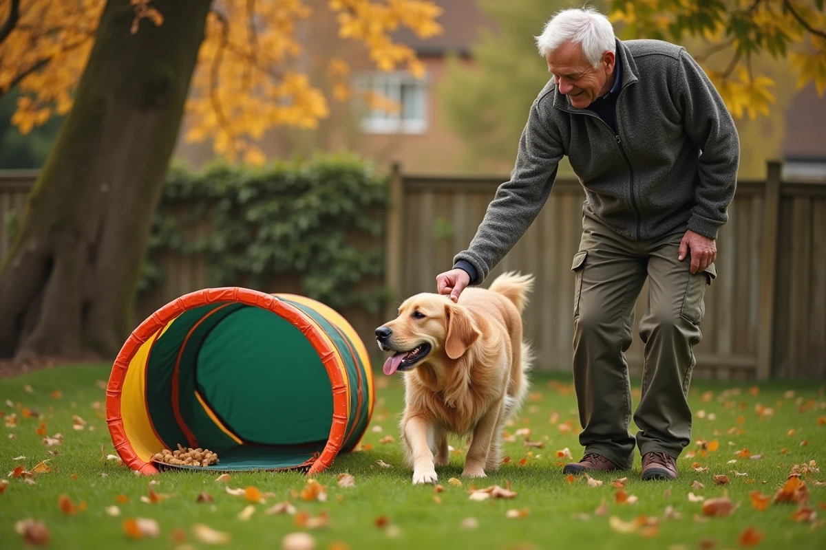 Homme âgé récompense un chien après avoir traversé un tunnel d