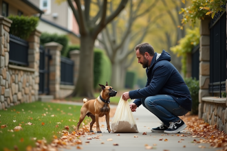 Homme en jeans et coupe-vent ramasse déjection canine dans la rue