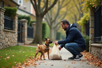 Homme en jeans et coupe-vent ramasse déjection canine dans la rue