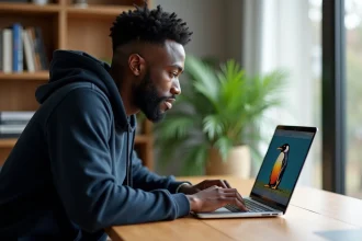 Homme concentré devant un ordinateur portable affichant une image pixel art de manchot utilisée comme test de compétences visuelles sur Pix