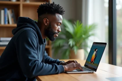 Homme concentré devant un ordinateur portable affichant une image pixel art de manchot utilisée comme test de compétences visuelles sur Pix
