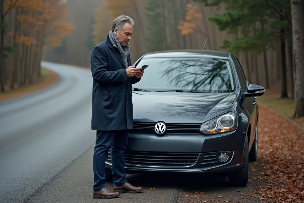 Homme d'âge moyen examine une bosse sur sa voiture en campagne