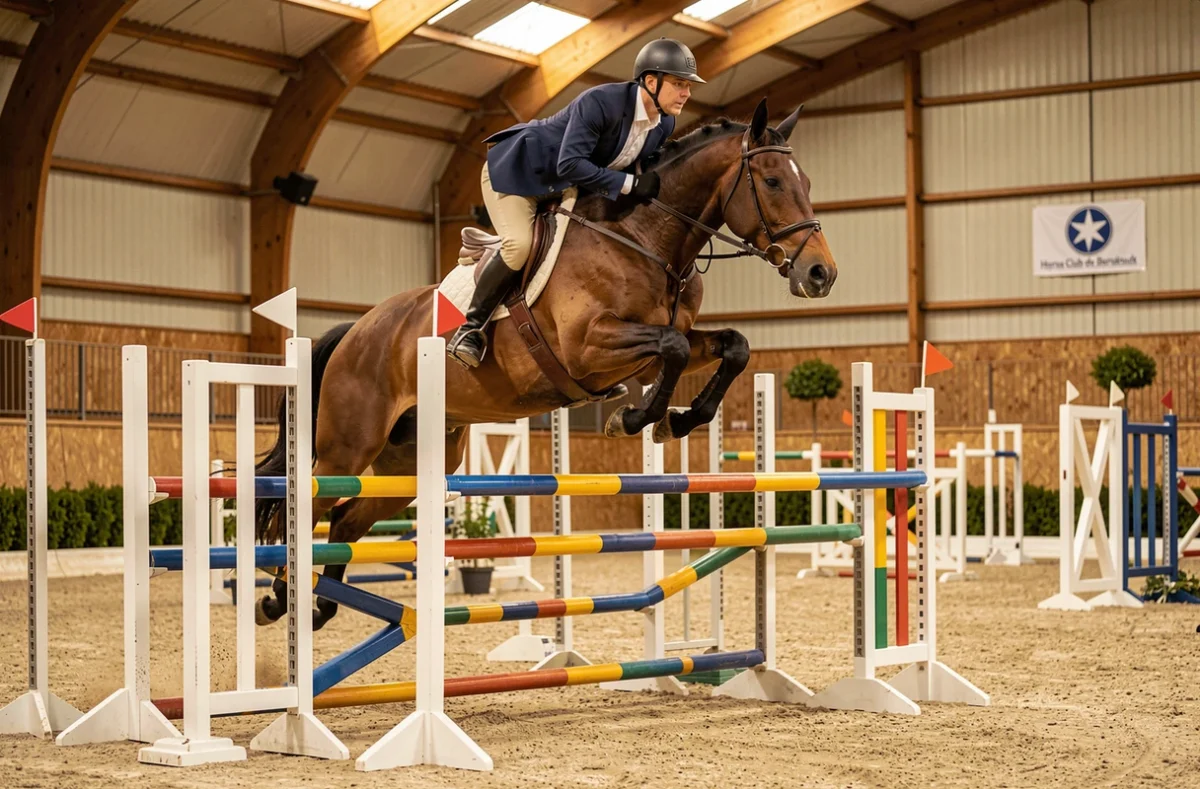 Cavalier et cheval bai franchissant un oxer coloré lors d'un cours de saut d'obstacles au Horse Club de Bordeaux