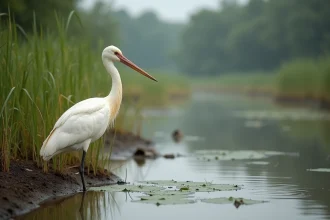 Ibis blanc debout au bord d'un marécage avec reflets dans l'eau et végétation verte - animal commençant par la lettre I