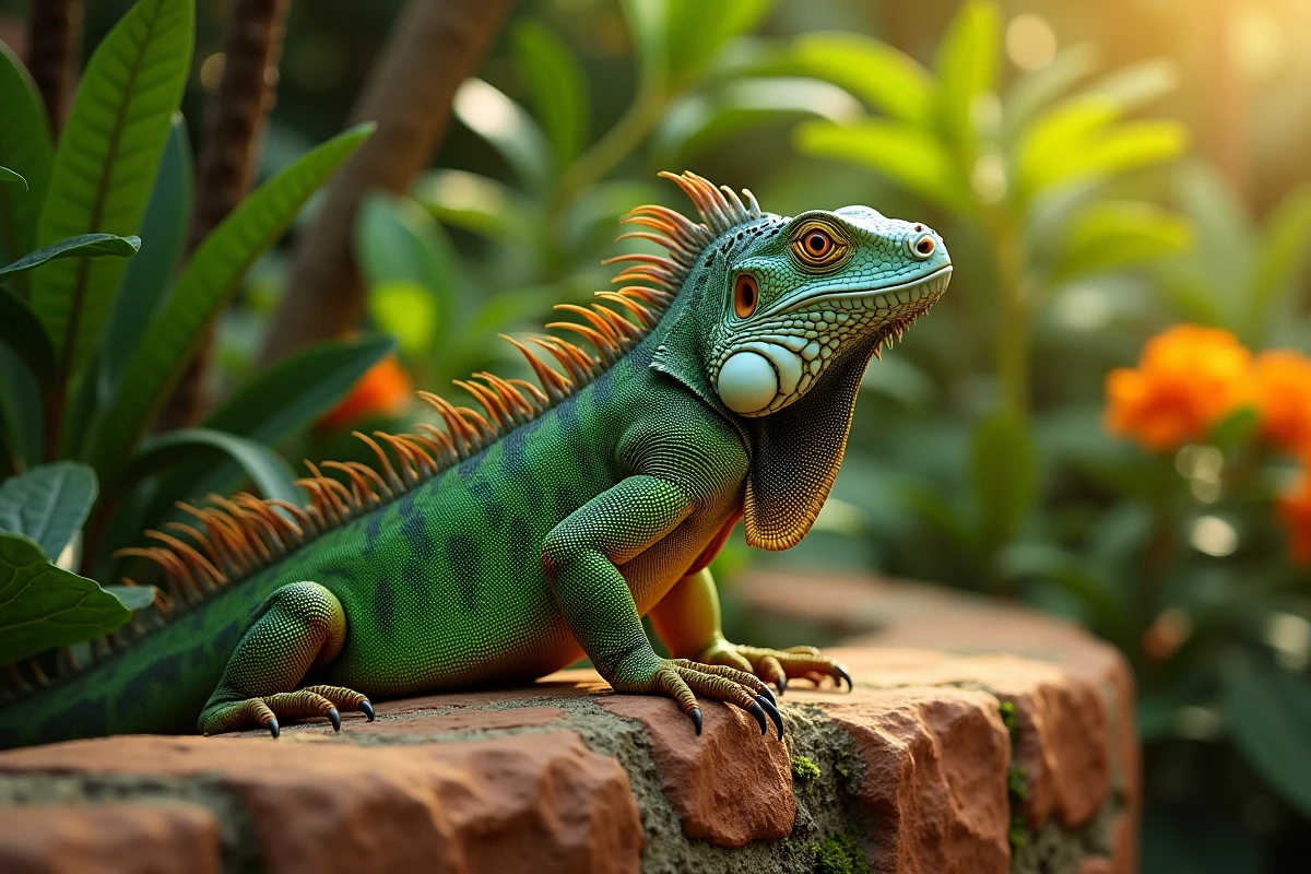 Iguane vert sauvage posé sur un mur de pierre tropicale avec végétation luxuriante - reptile commençant par la lettre I pour le petit bac