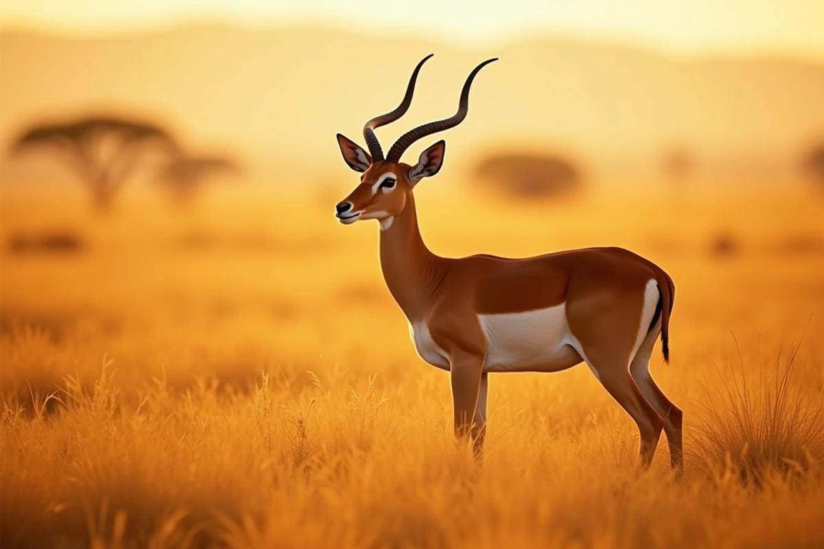 Impala élégant debout dans la savane africaine dorée avec cornes incurvées et herbes hautes - animal en I pour le bac et le scrabble