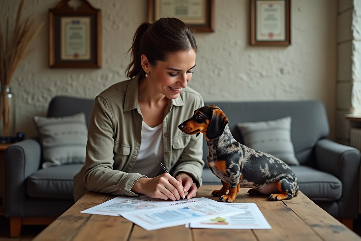 Femme inspectant documents de pedigree d'un dachshund arlequin